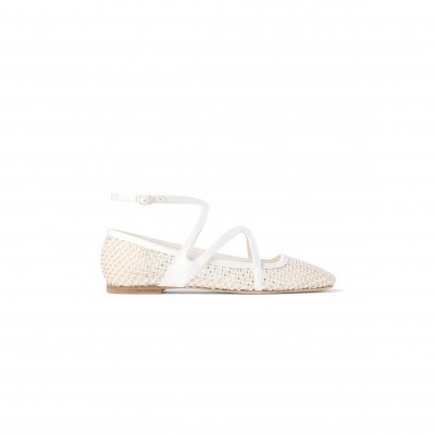 JIMMY CHOO ASTORIA FLAT WHITE CRYSTAL MESH SATIN FLATS ASTORIAFLATQHS